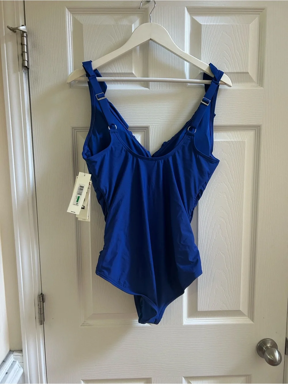 NWT DKNY Ruffle Plunge Underwire Tummy Control One Piece Swimsuit Blue Size L